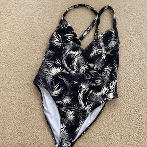 Billabong one piece swimsuit, black palm print, medium cross back